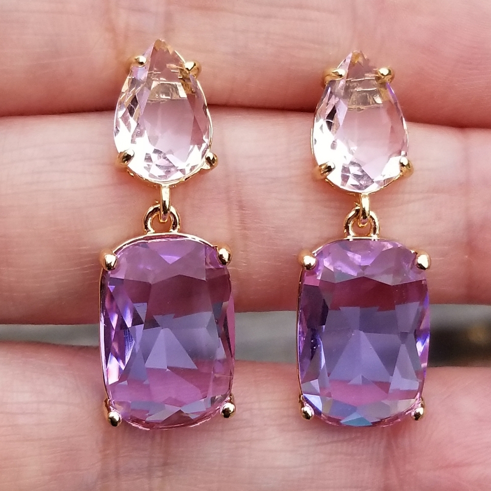 14k Gold Purple Alexandrite & Pink Tourmaline Stud Earrings, Alexandrite Dangle - Picture 6 of 7
